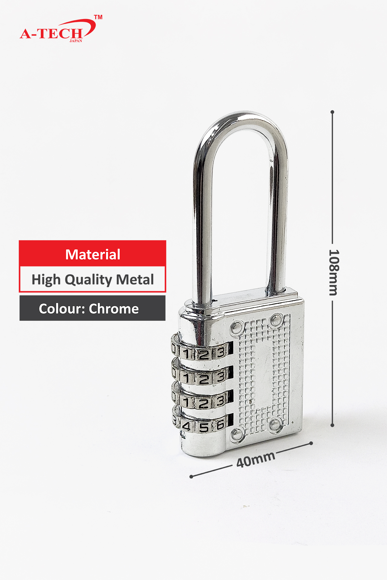 4-DIGIT NUMBER PADLOCK (LONG SHACKLE) - CHROME (40mm) - Image 2