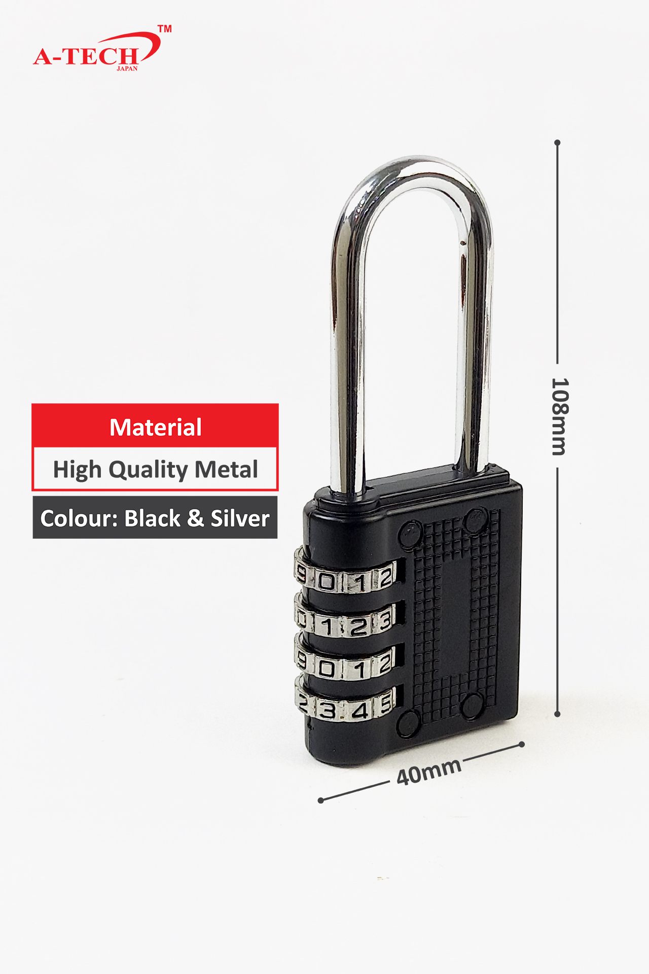 4-DIGIT NUMBER PADLOCK (LONG SHACKLE) - SILVER (40mm) - Image 2