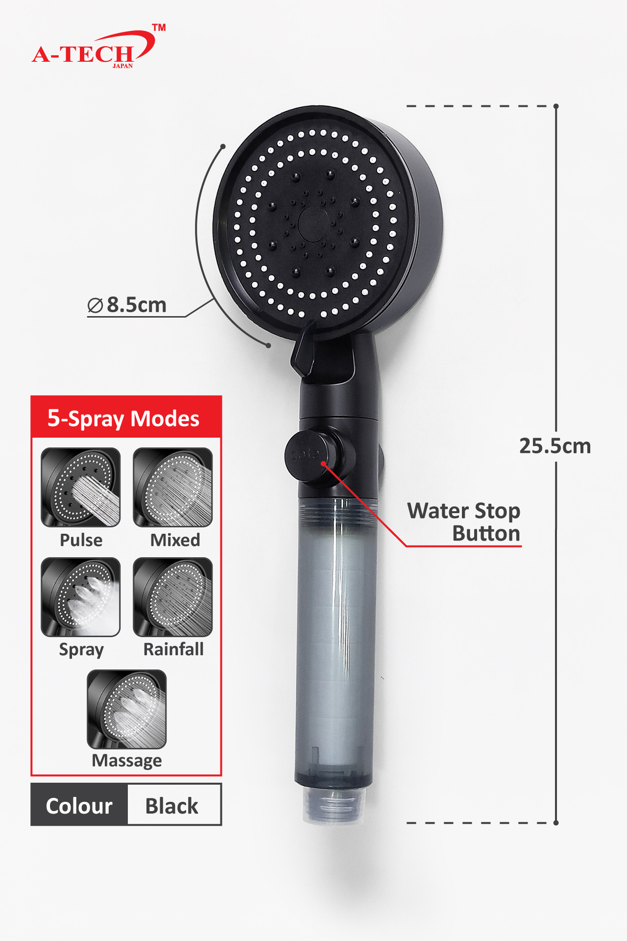 4 WAY SHOWER HEAD - STOP BUTTON (BLACK) - Image 2